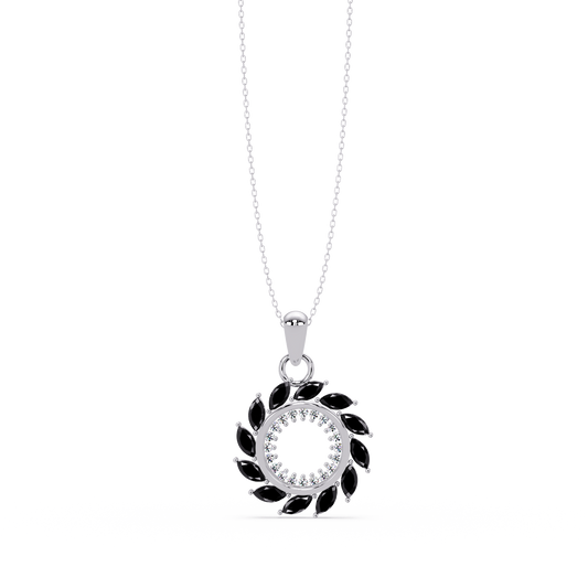 1.6 CTW Marquise Sunburst Open Circle Colorstone Pendant Necklace - Onyx Black - 14K White Gold