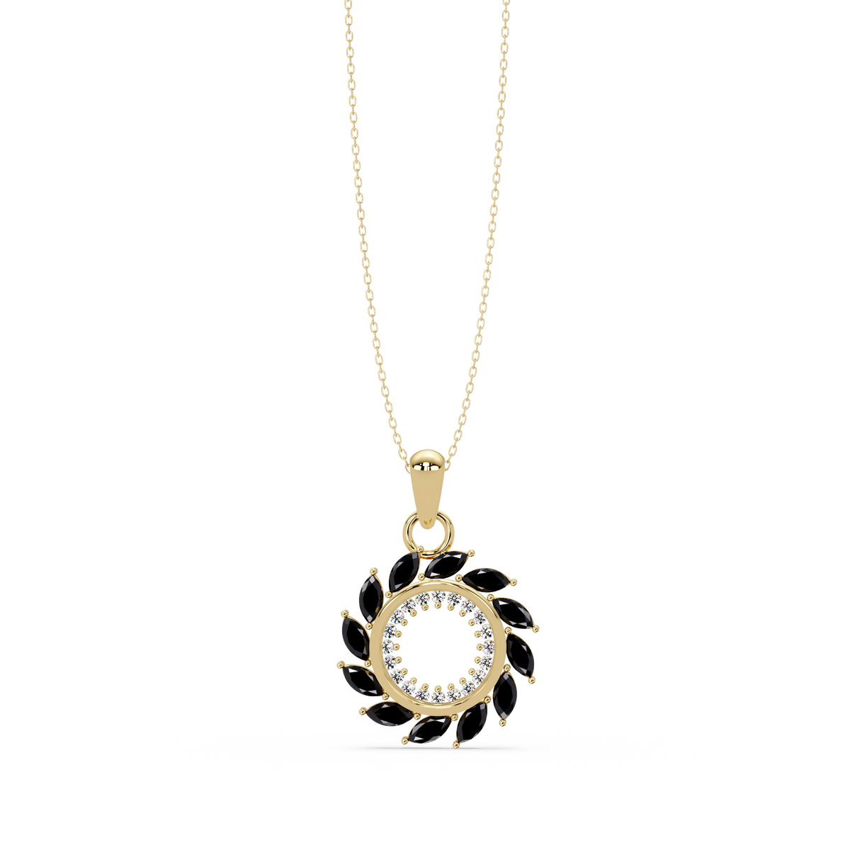 1.6 CTW Marquise Sunburst Open Circle Colorstone Pendant Necklace - Onyx Black - 14K Yellow Gold