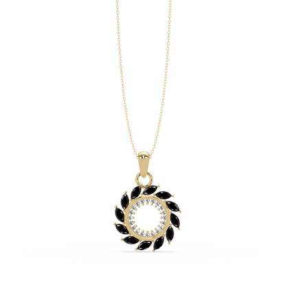 1.6 CTW Marquise Sunburst Open Circle Colorstone Pendant Necklace - Onyx Black - 14K Yellow Gold