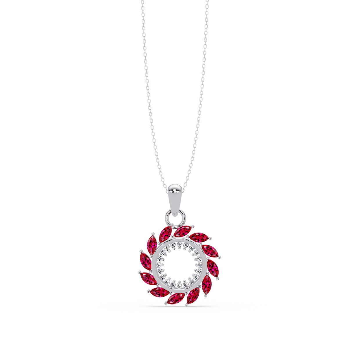 1.6 CTW Marquise Sunburst Open Circle Colorstone Pendant Necklace - Ruby Deep Red - 14K White Gold