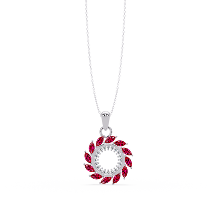 1.6 CTW Marquise Sunburst Open Circle Colorstone Pendant Necklace - Ruby Deep Red - 14K White Gold