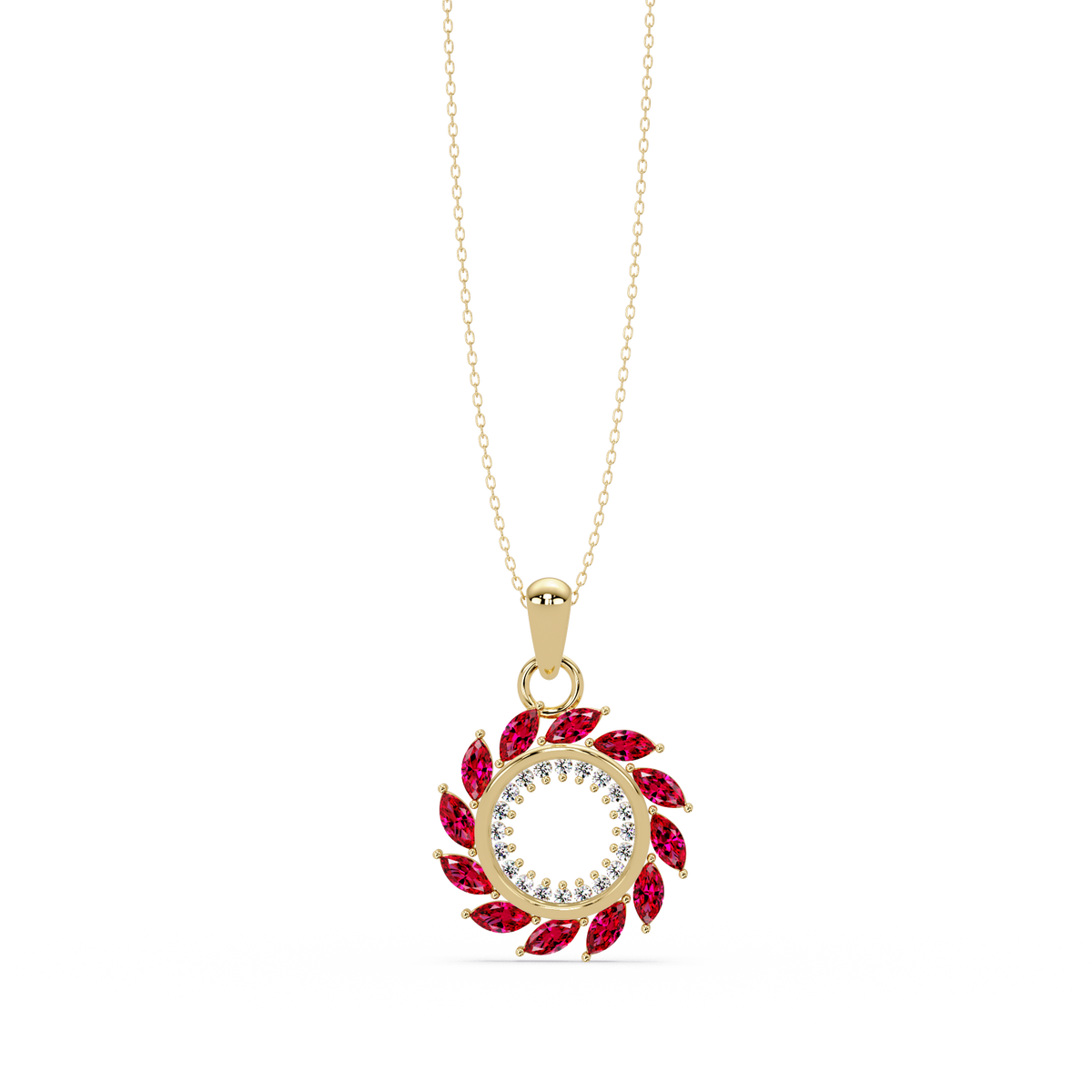 1.6 CTW Marquise Sunburst Open Circle Colorstone Pendant Necklace - Ruby Deep Red - 14K Yellow Gold