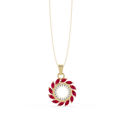 1.6 CTW Marquise Sunburst Open Circle Colorstone Pendant Necklace - Ruby Deep Red - 14K Yellow Gold