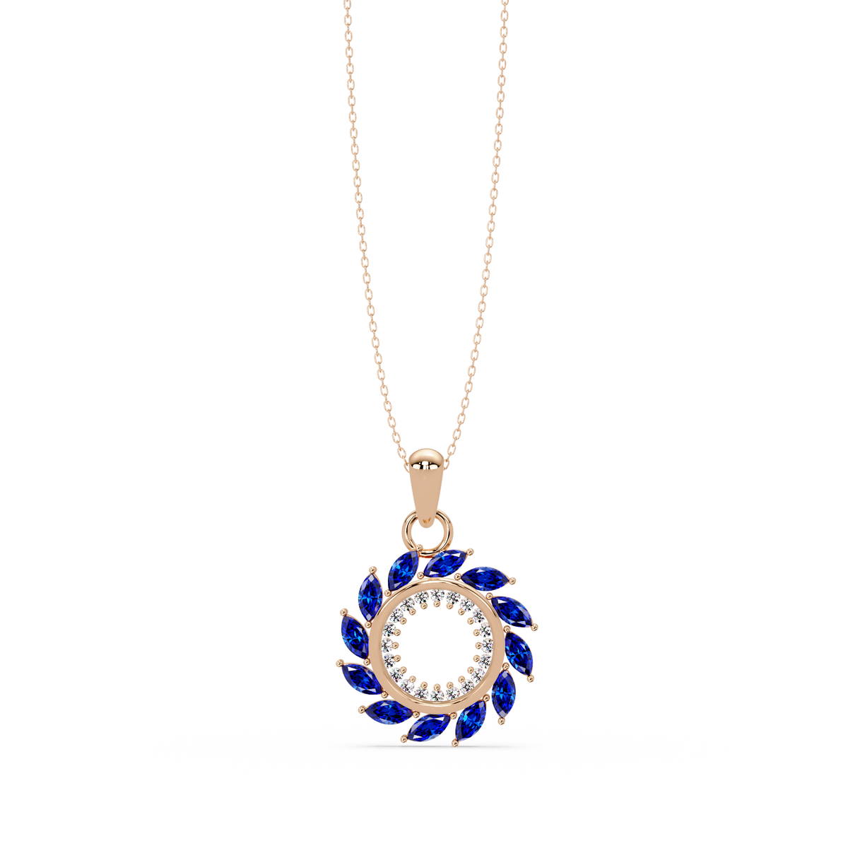 1.6 CTW Marquise Sunburst Open Circle Colorstone Pendant Necklace - Sapphire Royal Blue - 14K Rose Gold