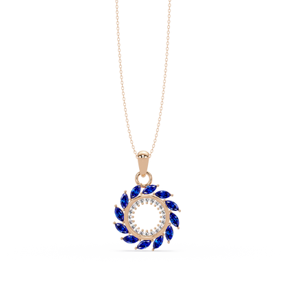 1.6 CTW Marquise Sunburst Open Circle Colorstone Pendant Necklace - Sapphire Royal Blue - 14K Rose Gold