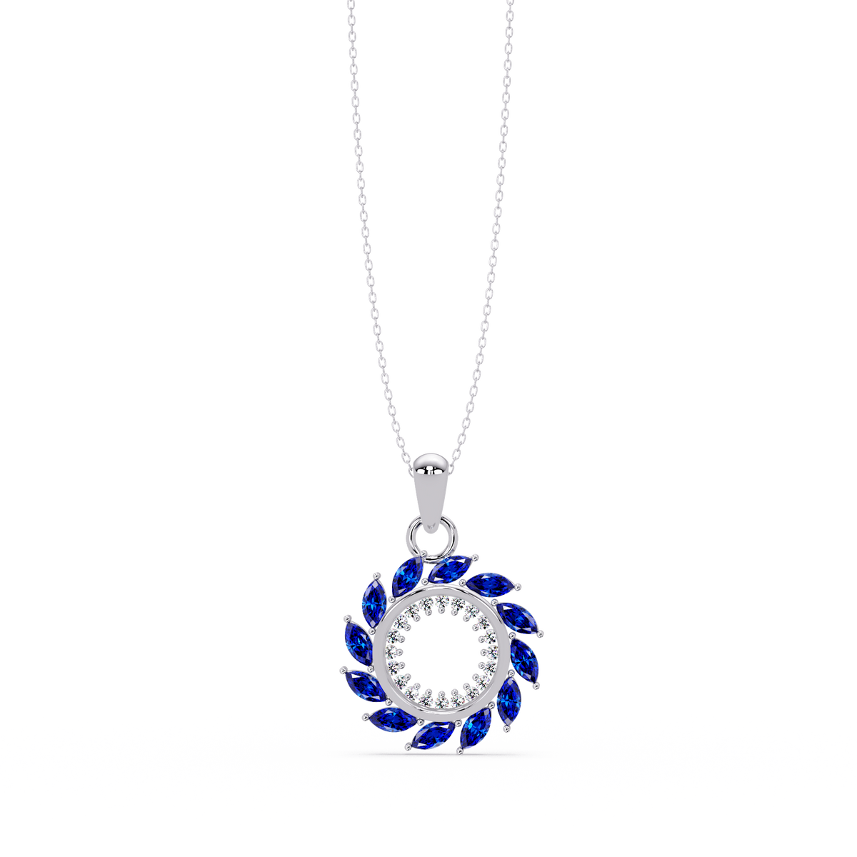 1.6 CTW Marquise Sunburst Open Circle Colorstone Pendant Necklace - Sapphire Royal Blue - 14K White Gold