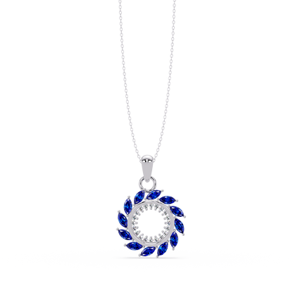1.6 CTW Marquise Sunburst Open Circle Colorstone Pendant Necklace - Sapphire Royal Blue - 14K White Gold