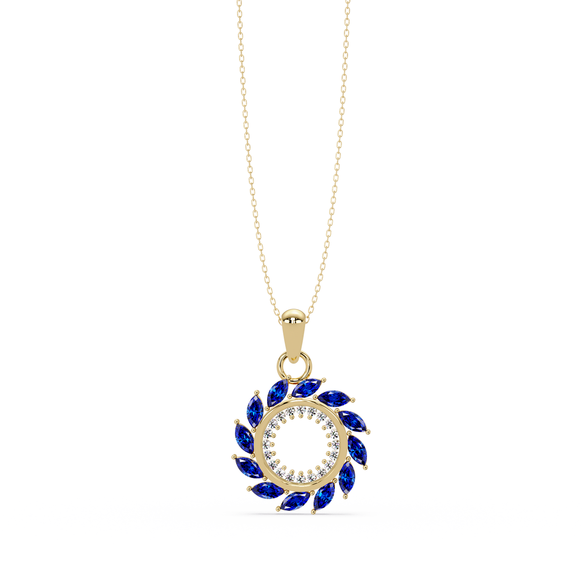 1.6 CTW Marquise Sunburst Open Circle Colorstone Pendant Necklace - Sapphire Royal Blue - 14K Yellow Gold