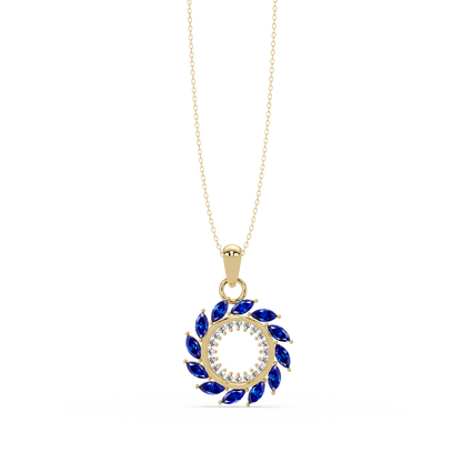 1.6 CTW Marquise Sunburst Open Circle Colorstone Pendant Necklace - Sapphire Royal Blue - 14K Yellow Gold