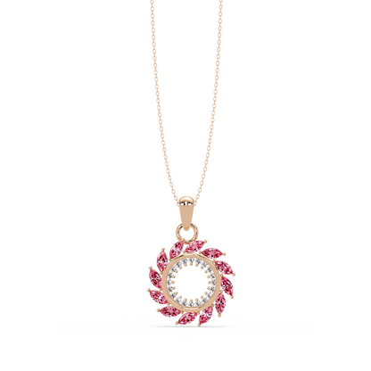 1.6 CTW Marquise Sunburst Open Circle Colorstone Pendant Necklace - Tourmaline Rose Pink - 14K Rose Gold
