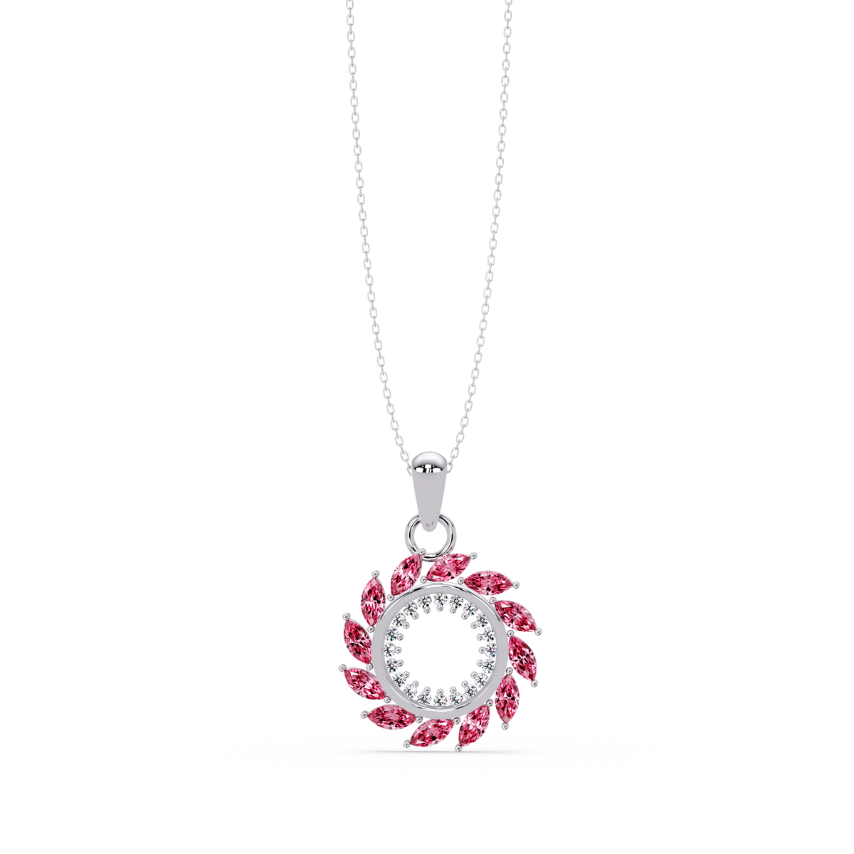 1.6 CTW Marquise Sunburst Open Circle Colorstone Pendant Necklace - Tourmaline Rose Pink - 14K White Gold