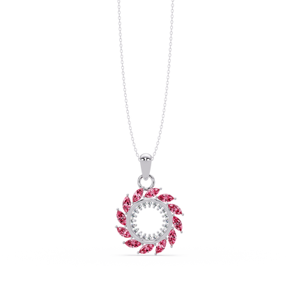 1.6 CTW Marquise Sunburst Open Circle Colorstone Pendant Necklace - Tourmaline Rose Pink - 14K White Gold