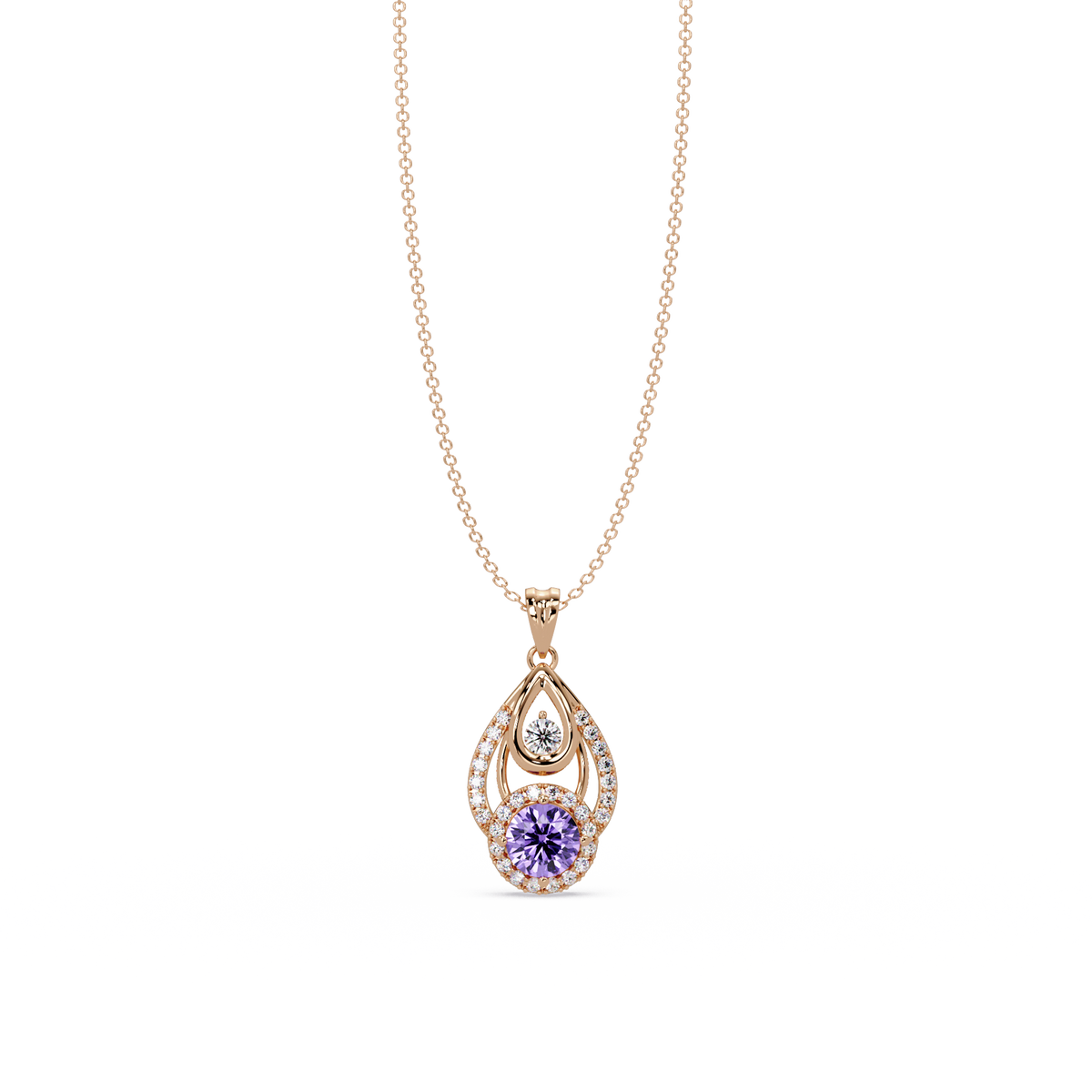 1.8 CTW Double Round Teardrop Colorstone Pendant Necklace - Amethyst Lavender - 14K Rose Gold