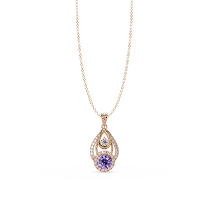 1.8 CTW Double Round Teardrop Colorstone Pendant Necklace - Amethyst Lavender - 14K Rose Gold