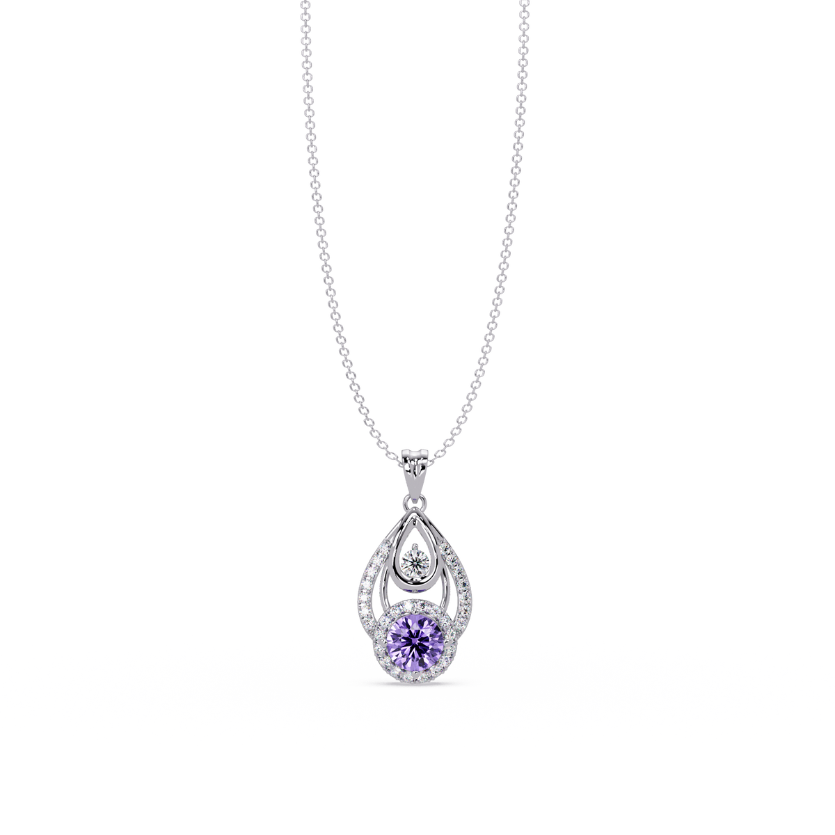 1.8 CTW Double Round Teardrop Colorstone Pendant Necklace - Amethyst Lavender - 14K White Gold