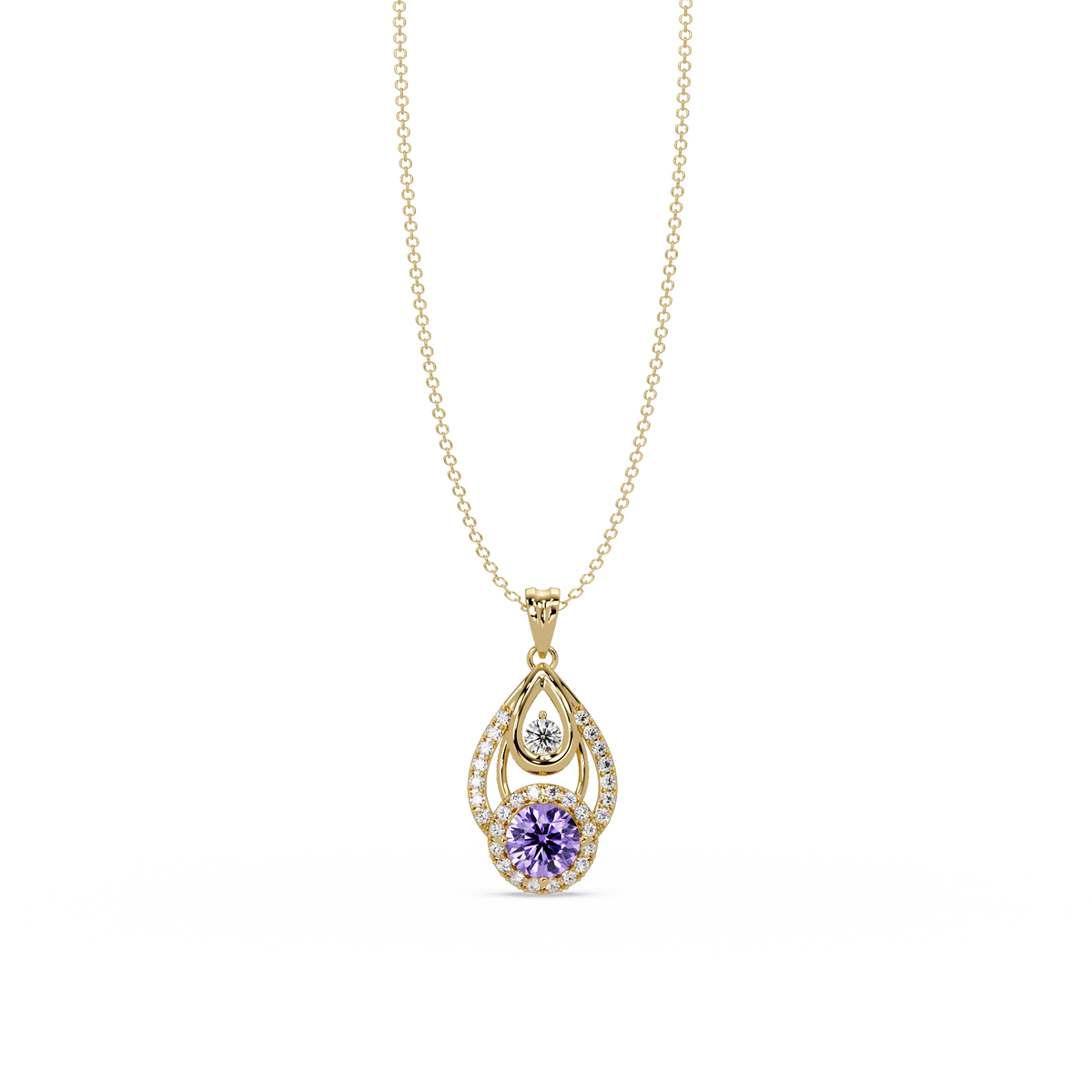 1.8 CTW Double Round Teardrop Colorstone Pendant Necklace - Amethyst Lavender - 14K Yellow Gold