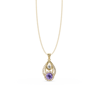 1.8 CTW Double Round Teardrop Colorstone Pendant Necklace - Amethyst Lavender - 14K Yellow Gold