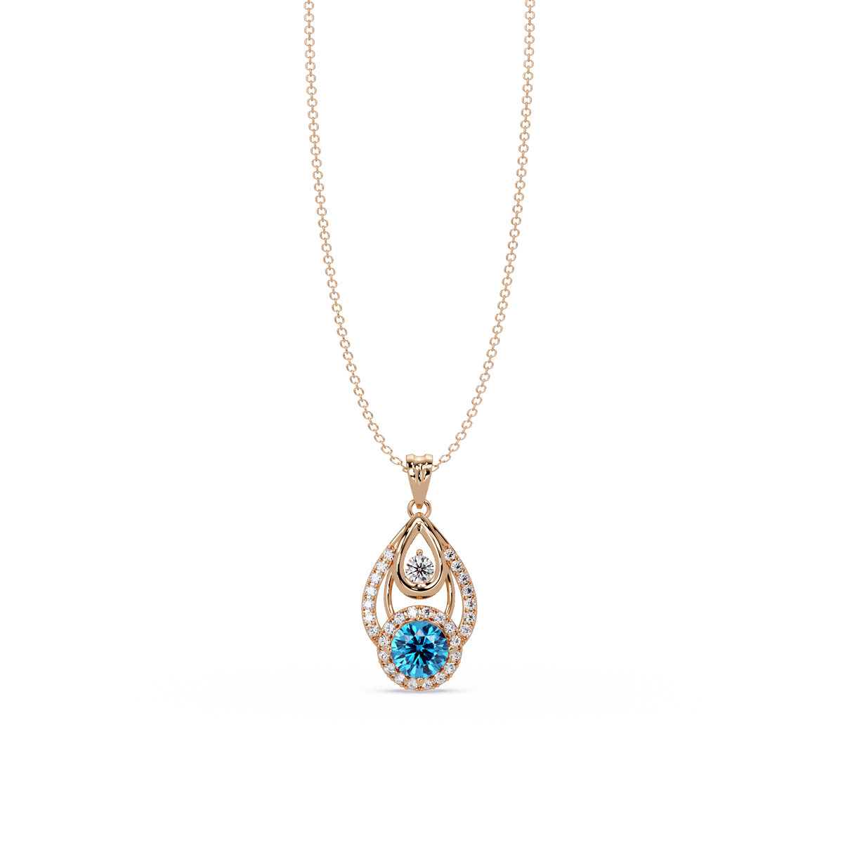 1.8 CTW Double Round Teardrop Colorstone Pendant Necklace - Aquamarine Sky Blue - 14K Rose Gold