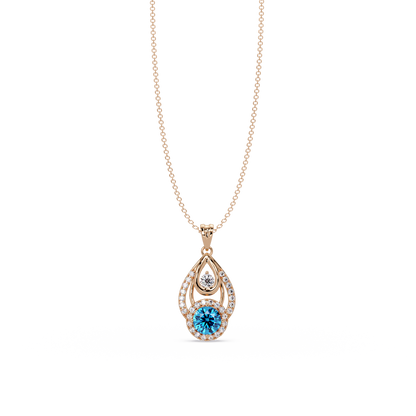 1.8 CTW Double Round Teardrop Colorstone Pendant Necklace - Aquamarine Sky Blue - 14K Rose Gold