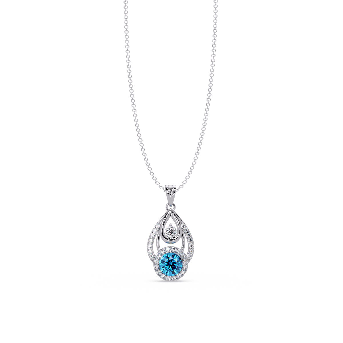 1.8 CTW Double Round Teardrop Colorstone Pendant Necklace - Aquamarine Sky Blue - 14K White Gold