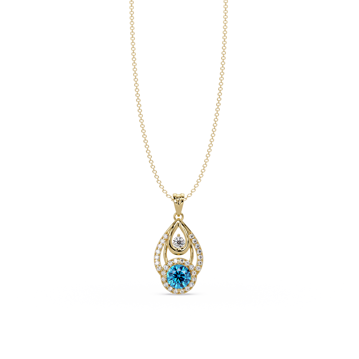 1.8 CTW Double Round Teardrop Colorstone Pendant Necklace - Aquamarine Sky Blue - 14K Yellow Gold