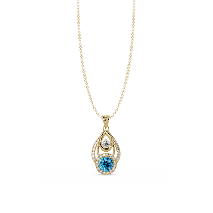 1.8 CTW Double Round Teardrop Colorstone Pendant Necklace - Aquamarine Sky Blue - 14K Yellow Gold