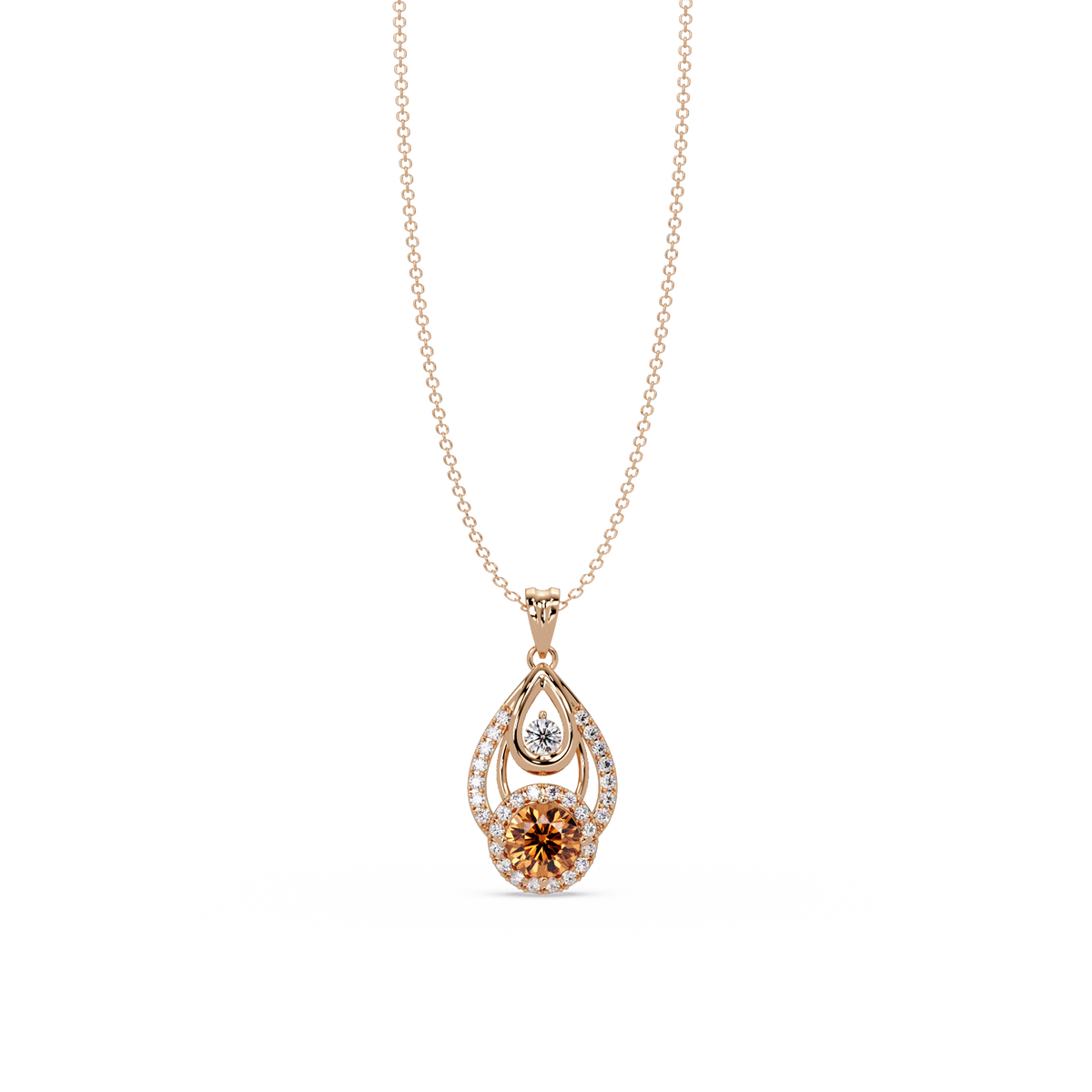 1.8 CTW Double Round Teardrop Colorstone Pendant Necklace - Champagne Topaz Amber - 14K Rose Gold