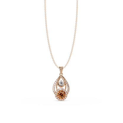 1.8 CTW Double Round Teardrop Colorstone Pendant Necklace - Champagne Topaz Amber - 14K Rose Gold