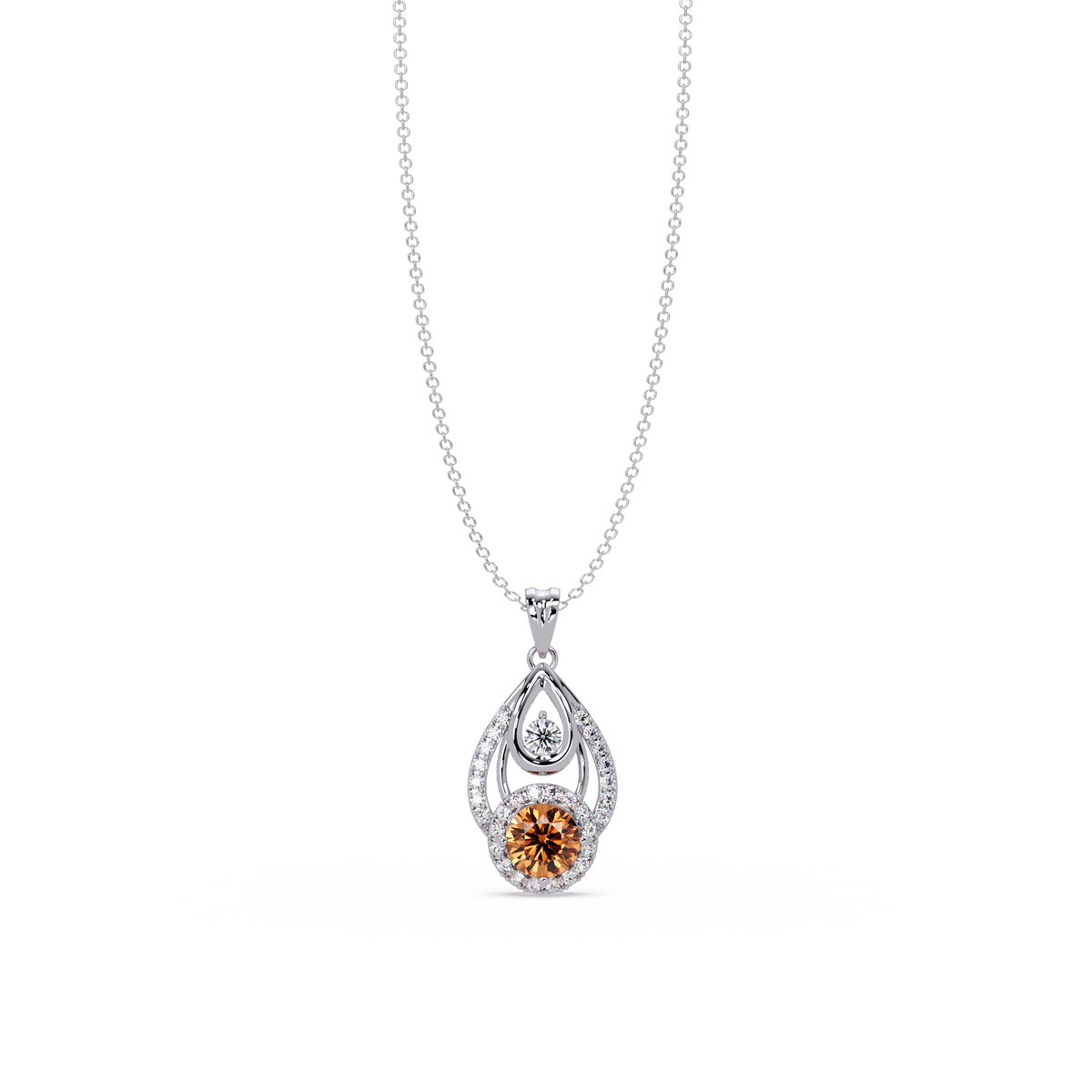 1.8 CTW Double Round Teardrop Colorstone Pendant Necklace - Champagne Topaz Amber - 14K White Gold