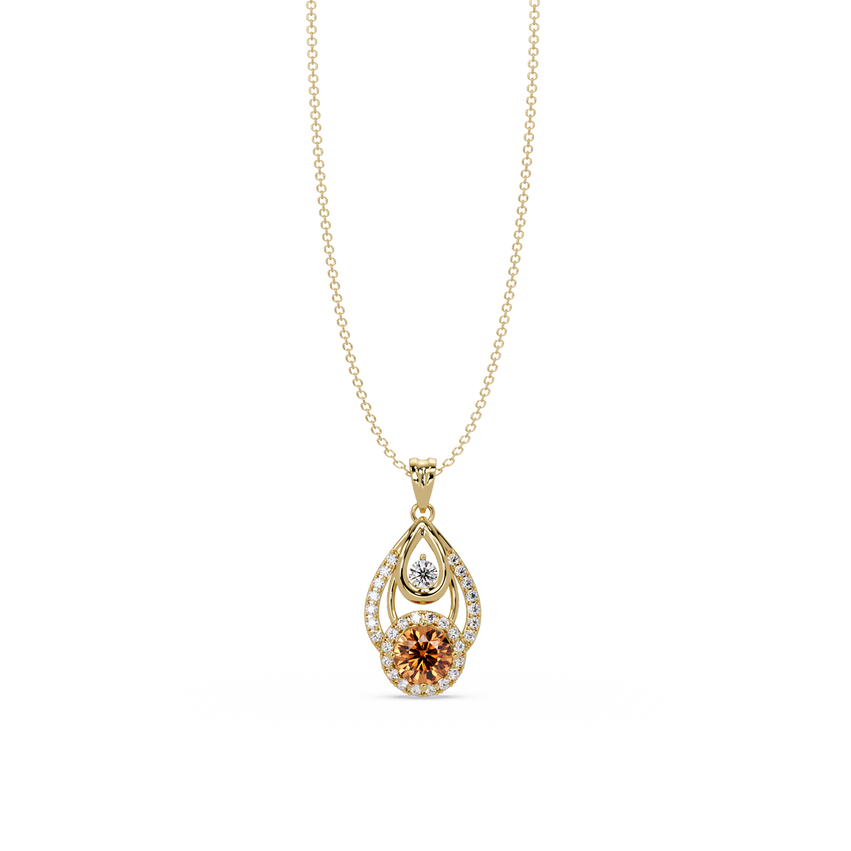 1.8 CTW Double Round Teardrop Colorstone Pendant Necklace - Champagne Topaz Amber - 14K Yellow Gold
