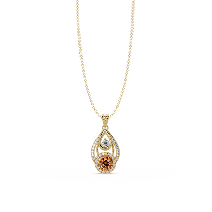 1.8 CTW Double Round Teardrop Colorstone Pendant Necklace - Champagne Topaz Amber - 14K Yellow Gold