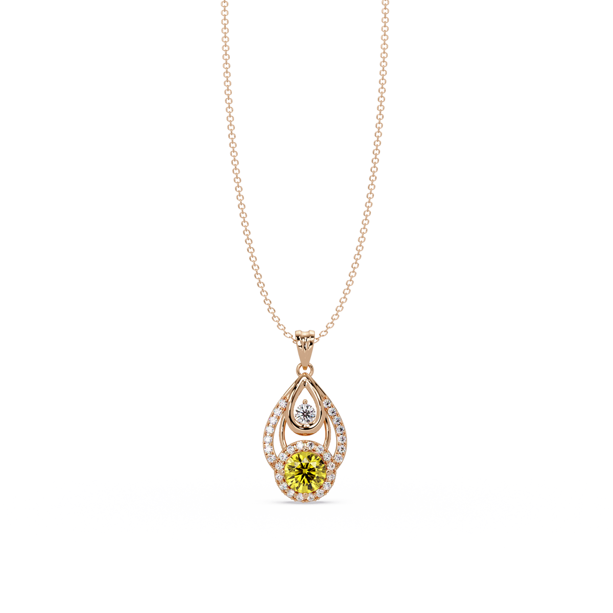 1.8 CTW Double Round Teardrop Colorstone Pendant Necklace - Citrine Lemon Yellow - 14K Rose Gold