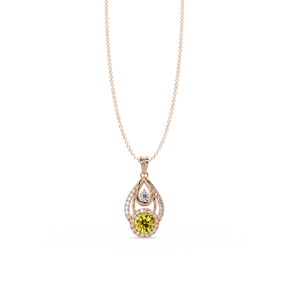 1.8 CTW Double Round Teardrop Colorstone Pendant Necklace - Citrine Lemon Yellow - 14K Rose Gold
