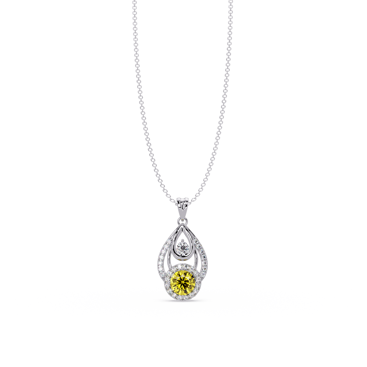 1.8 CTW Double Round Teardrop Colorstone Pendant Necklace - Citrine Lemon Yellow - 14K White Gold