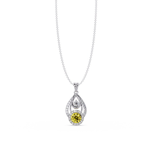1.8 CTW Double Round Teardrop Colorstone Pendant Necklace - Citrine Lemon Yellow - 14K White Gold