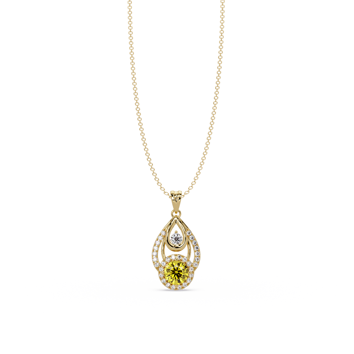 1.8 CTW Double Round Teardrop Colorstone Pendant Necklace - Citrine Lemon Yellow - 14K Yellow Gold