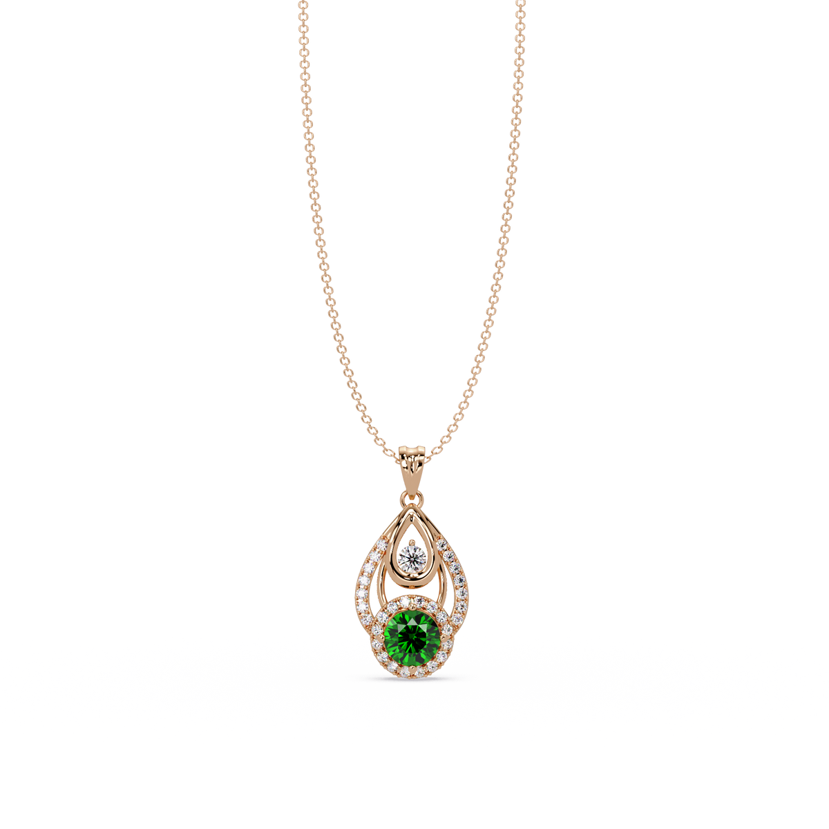 1.8 CTW Double Round Teardrop Colorstone Pendant Necklace - Emerald Deep Green - 14K Rose Gold