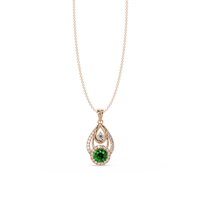1.8 CTW Double Round Teardrop Colorstone Pendant Necklace - Emerald Deep Green - 14K Rose Gold