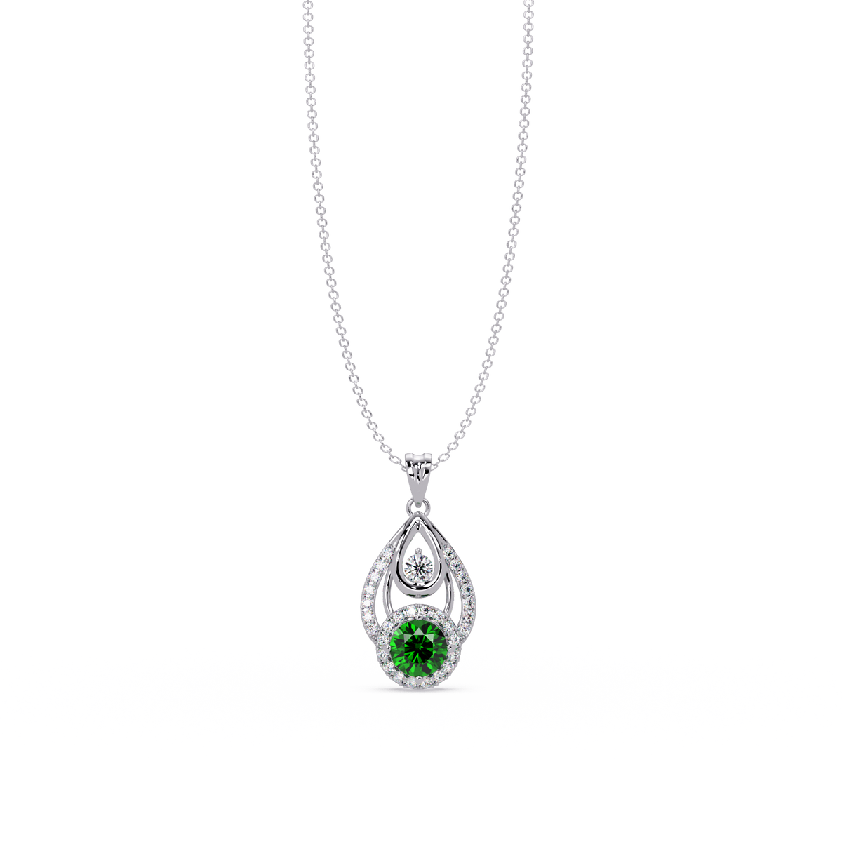 1.8 CTW Double Round Teardrop Colorstone Pendant Necklace - Emerald Deep Green - 14K White Gold
