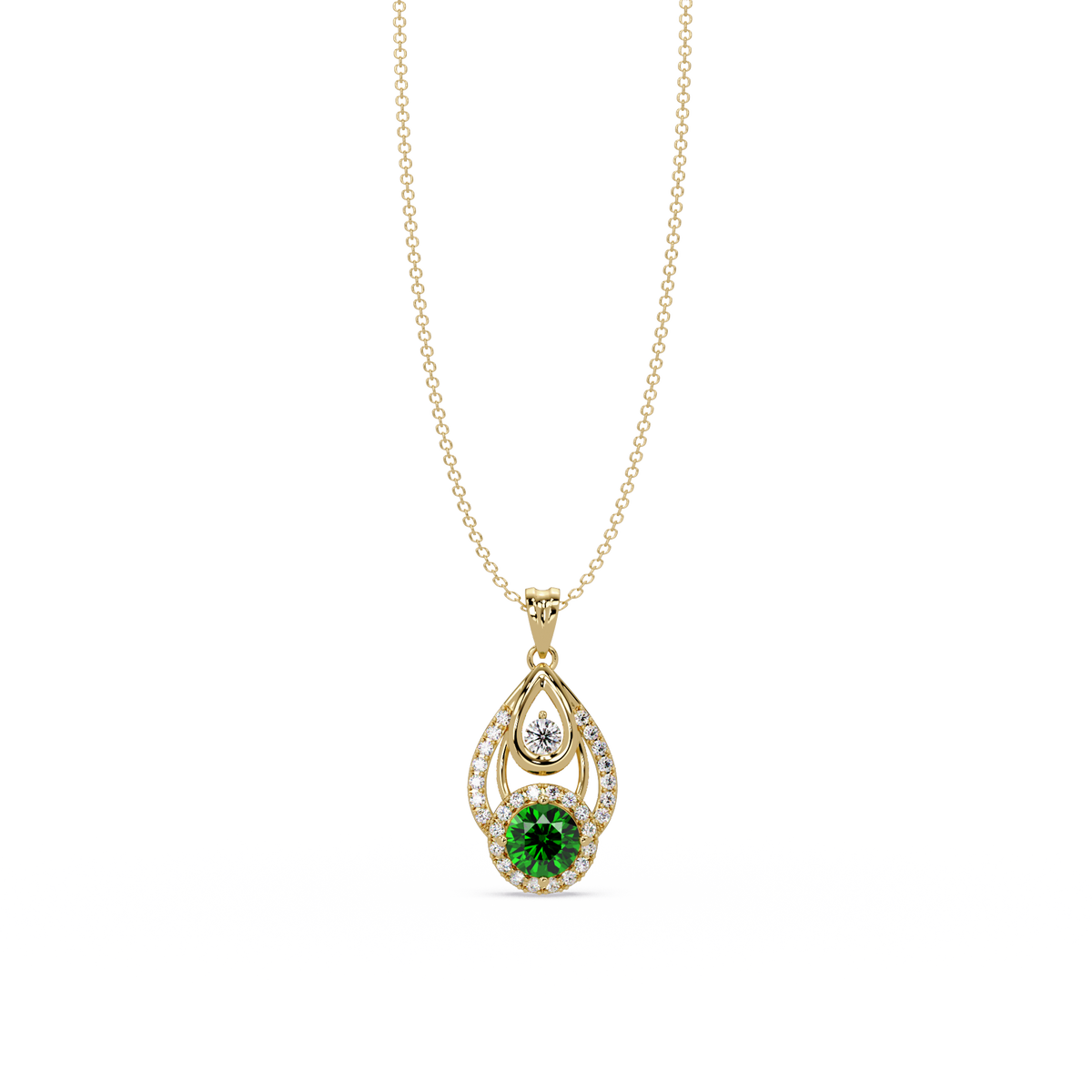 1.8 CTW Double Round Teardrop Colorstone Pendant Necklace - Emerald Deep Green - 14K Yellow Gold
