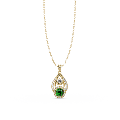 1.8 CTW Double Round Teardrop Colorstone Pendant Necklace - Emerald Deep Green - 14K Yellow Gold