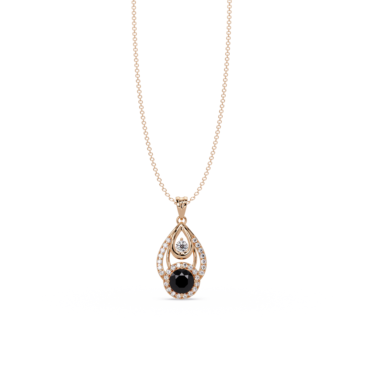 1.8 CTW Double Round Teardrop Colorstone Pendant Necklace - Onyx Black - 14K Rose Gold