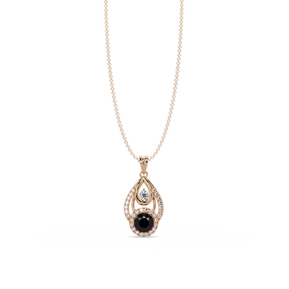 1.8 CTW Double Round Teardrop Colorstone Pendant Necklace - Onyx Black - 14K Rose Gold