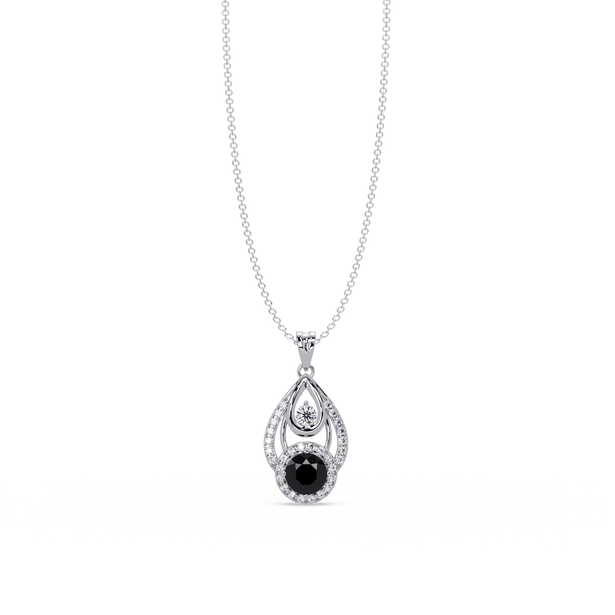 1.8 CTW Double Round Teardrop Colorstone Pendant Necklace - Onyx Black - 14K White Gold