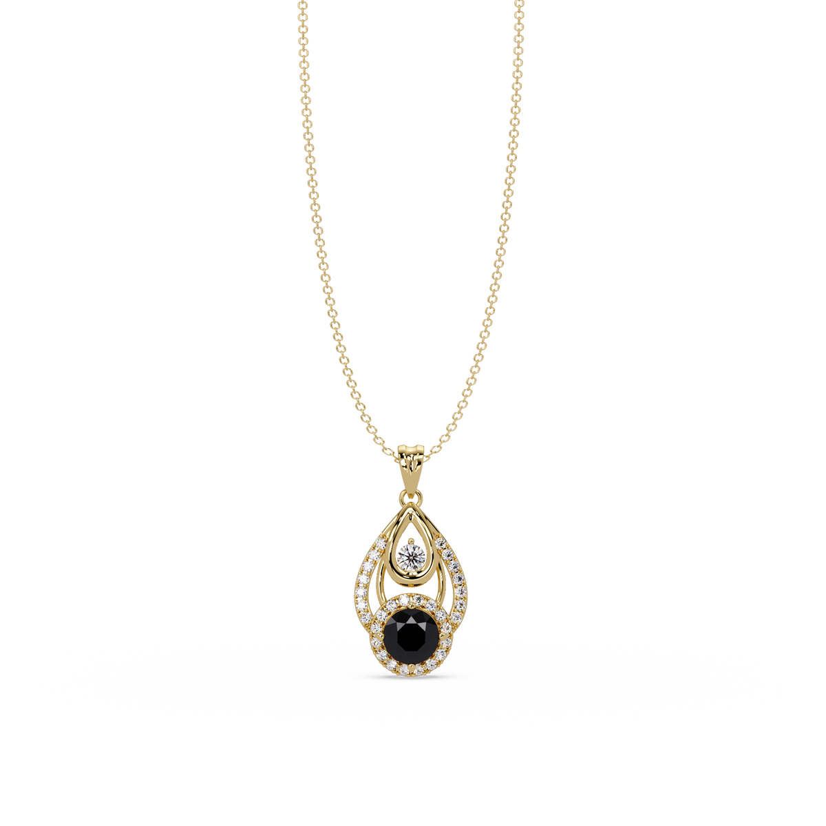1.8 CTW Double Round Teardrop Colorstone Pendant Necklace - Onyx Black - 14K Yellow Gold