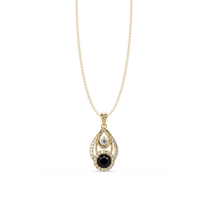 1.8 CTW Double Round Teardrop Colorstone Pendant Necklace - Onyx Black - 14K Yellow Gold
