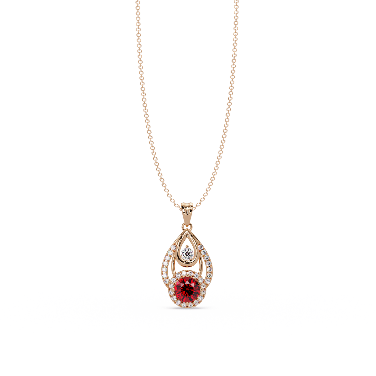 1.8 CTW Double Round Teardrop Colorstone Pendant Necklace - Ruby Deep Red - 14K Rose Gold
