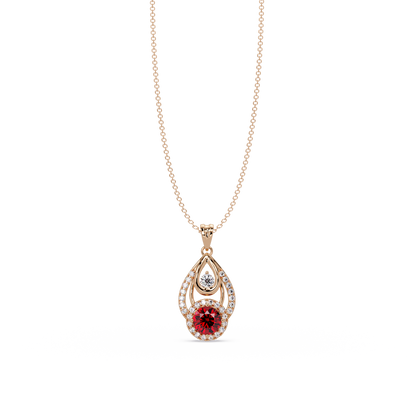 1.8 CTW Double Round Teardrop Colorstone Pendant Necklace - Ruby Deep Red - 14K Rose Gold