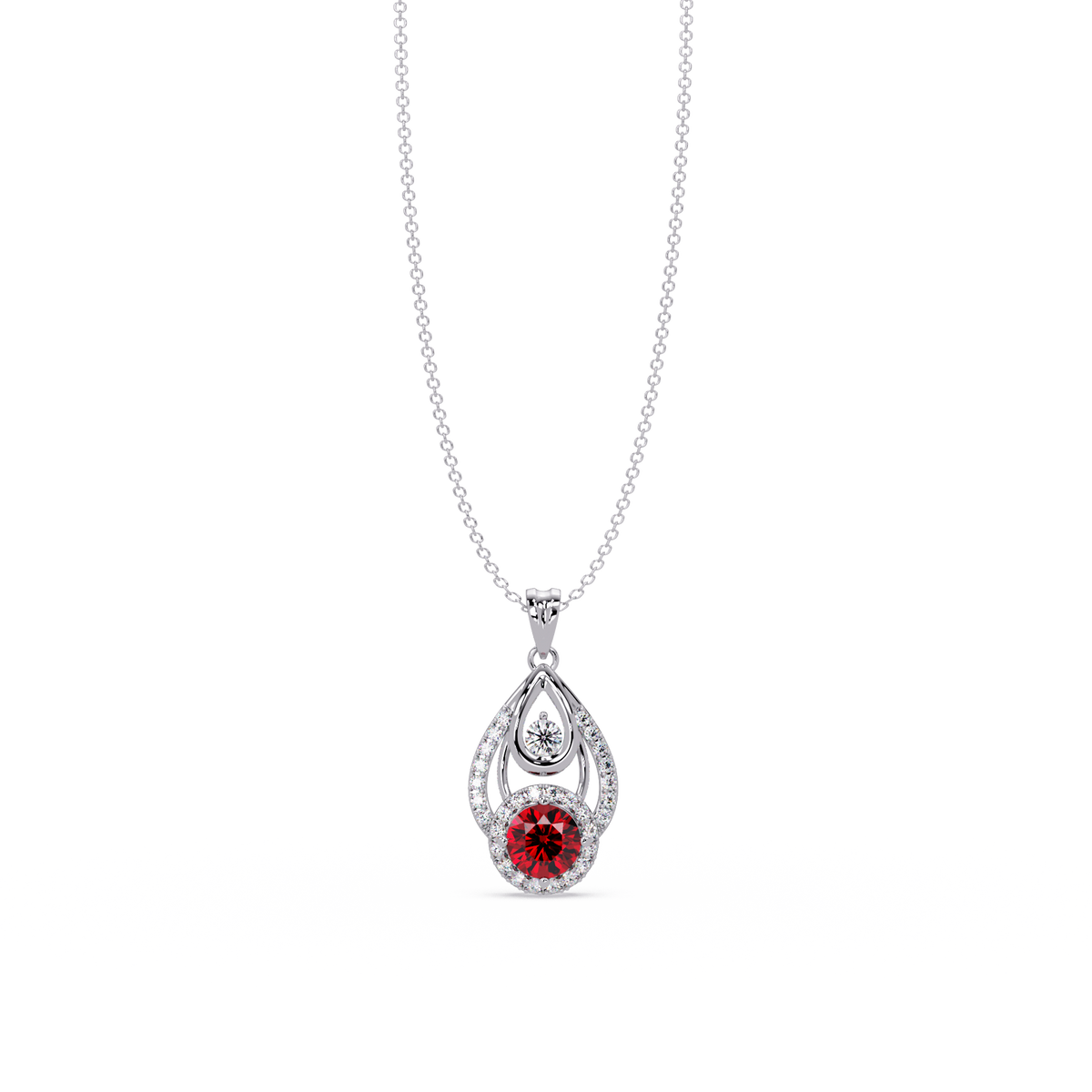1.8 CTW Double Round Teardrop Colorstone Pendant Necklace - Ruby Deep Red - 14K White Gold