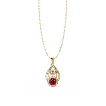 1.8 CTW Double Round Teardrop Colorstone Pendant Necklace - Ruby Deep Red - 14K Yellow Gold